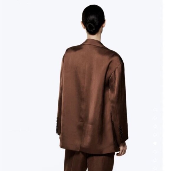 ZARA Brown Satin Linen Blazer size L - Picture 3 of 16